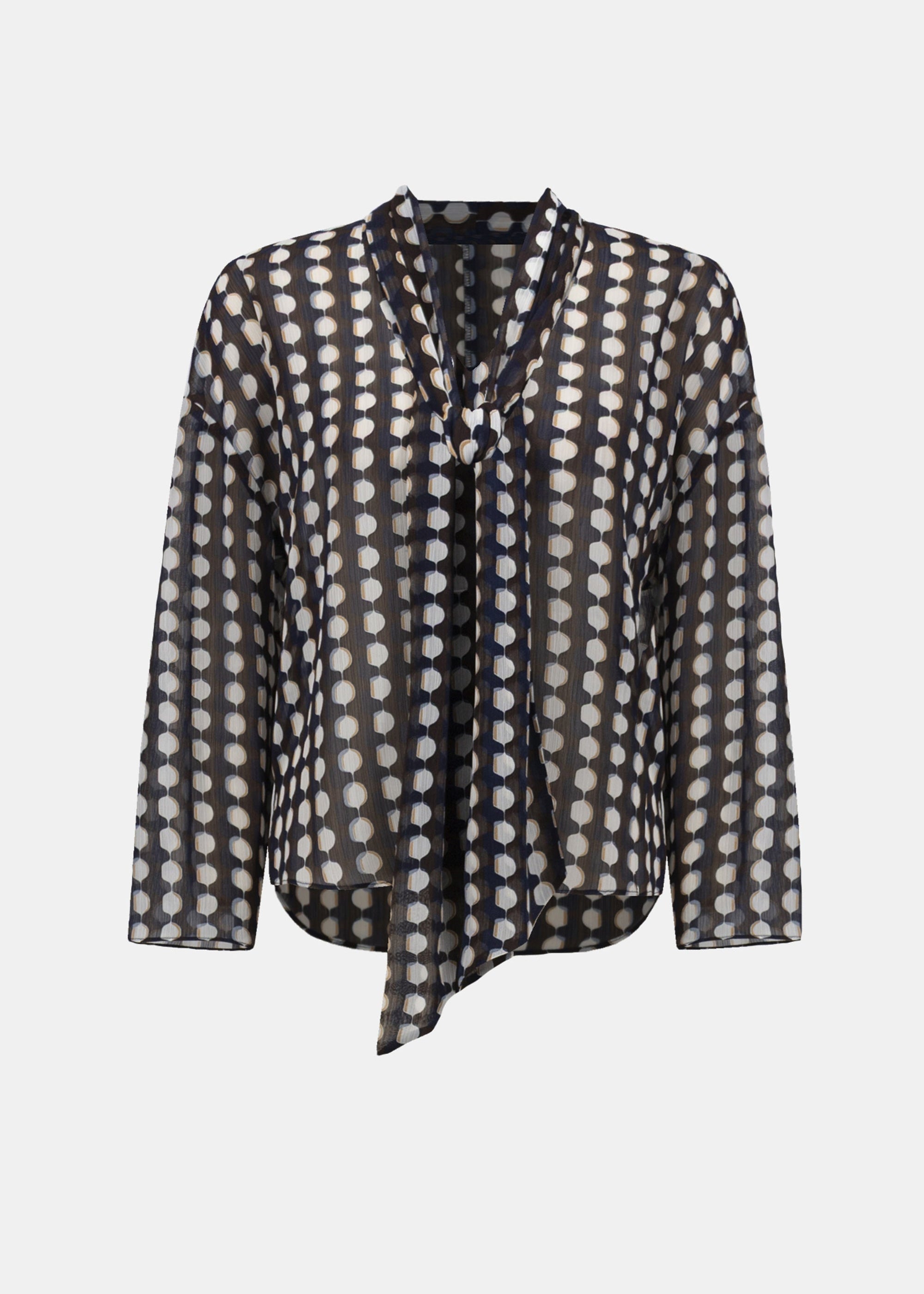 Brown multicolor geo print chiffon tie-neck blouse with v notch and long sleeves