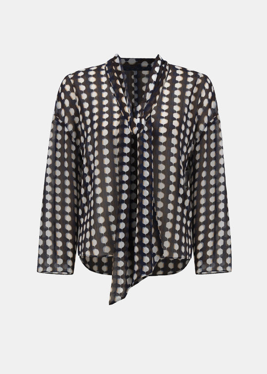 Joseph Ribkoff Chiffon Geo Print Tie Neck Blouse in Brown Multi