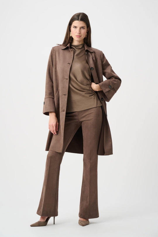 Mink brown suede straight coat with shirt collar, button front, and side pockets