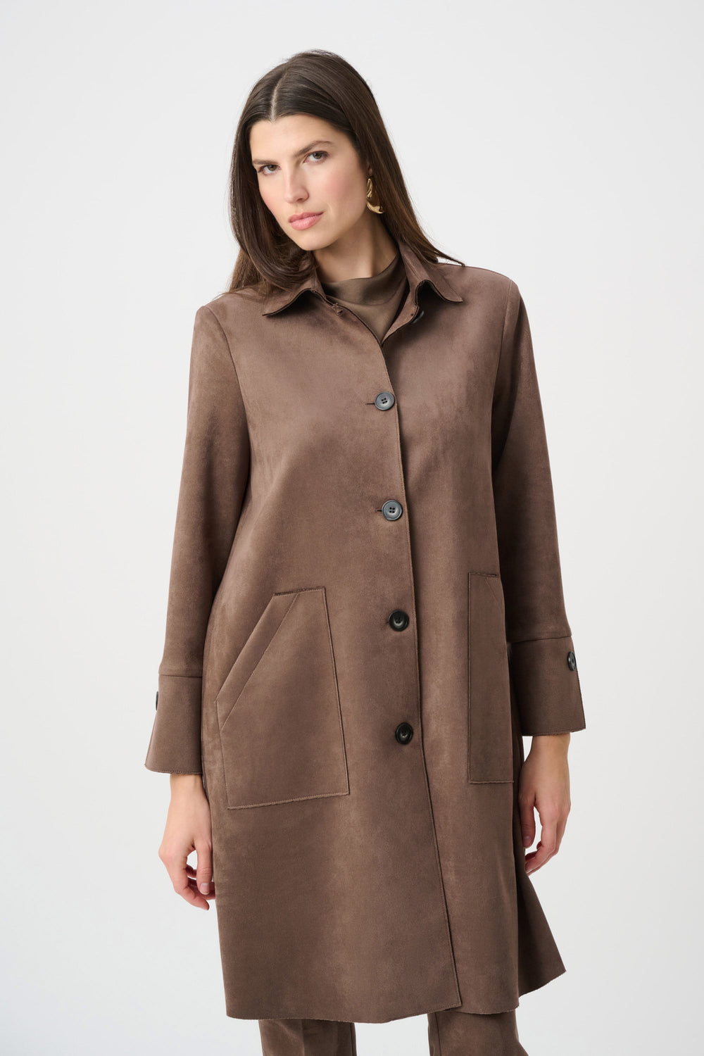 Mink brown suede straight button-front coat with shirt collar and front patch pockets