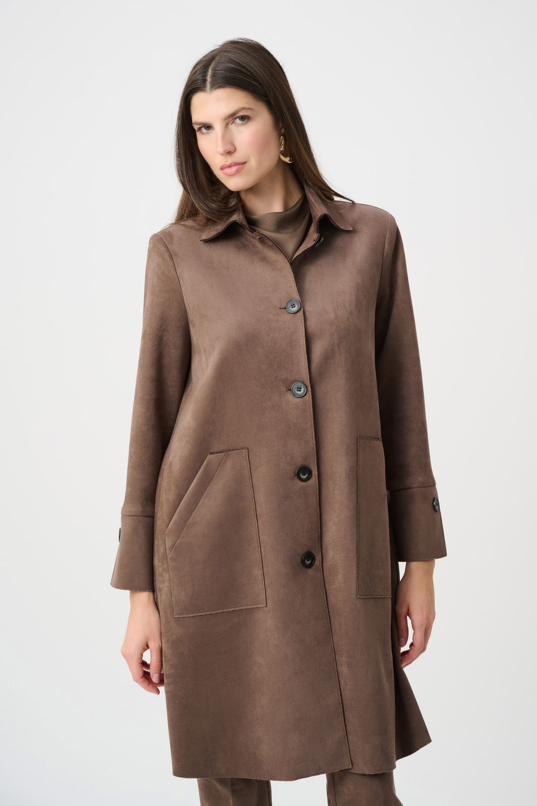 Mink brown suede straight button-front coat with shirt collar and front patch pockets