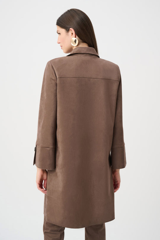 Mink brown suede straight coat with shirt collar, back view, and buttoned cuffs