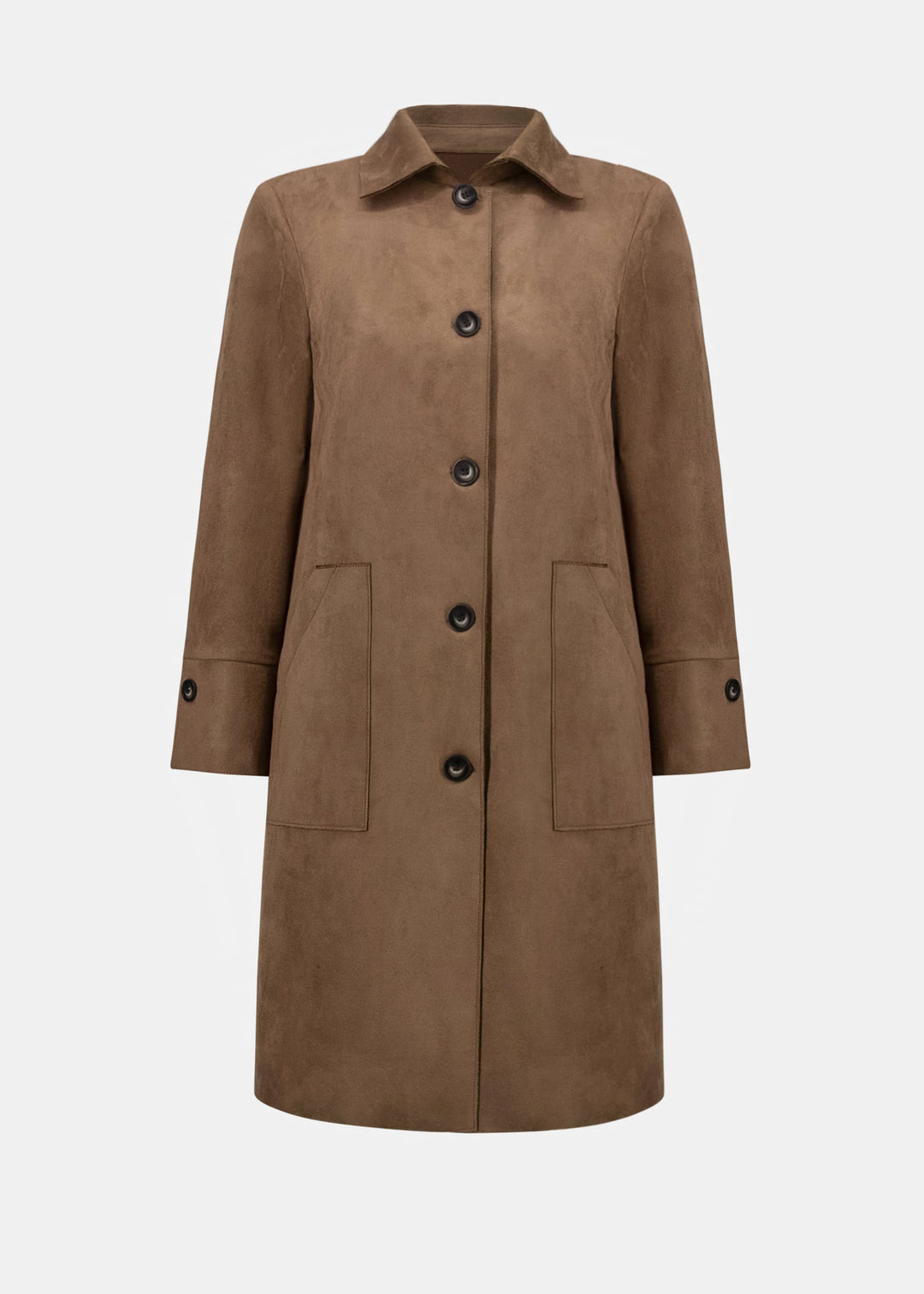 Mink brown suede straight coat with shirt collar, button front, and patch pockets