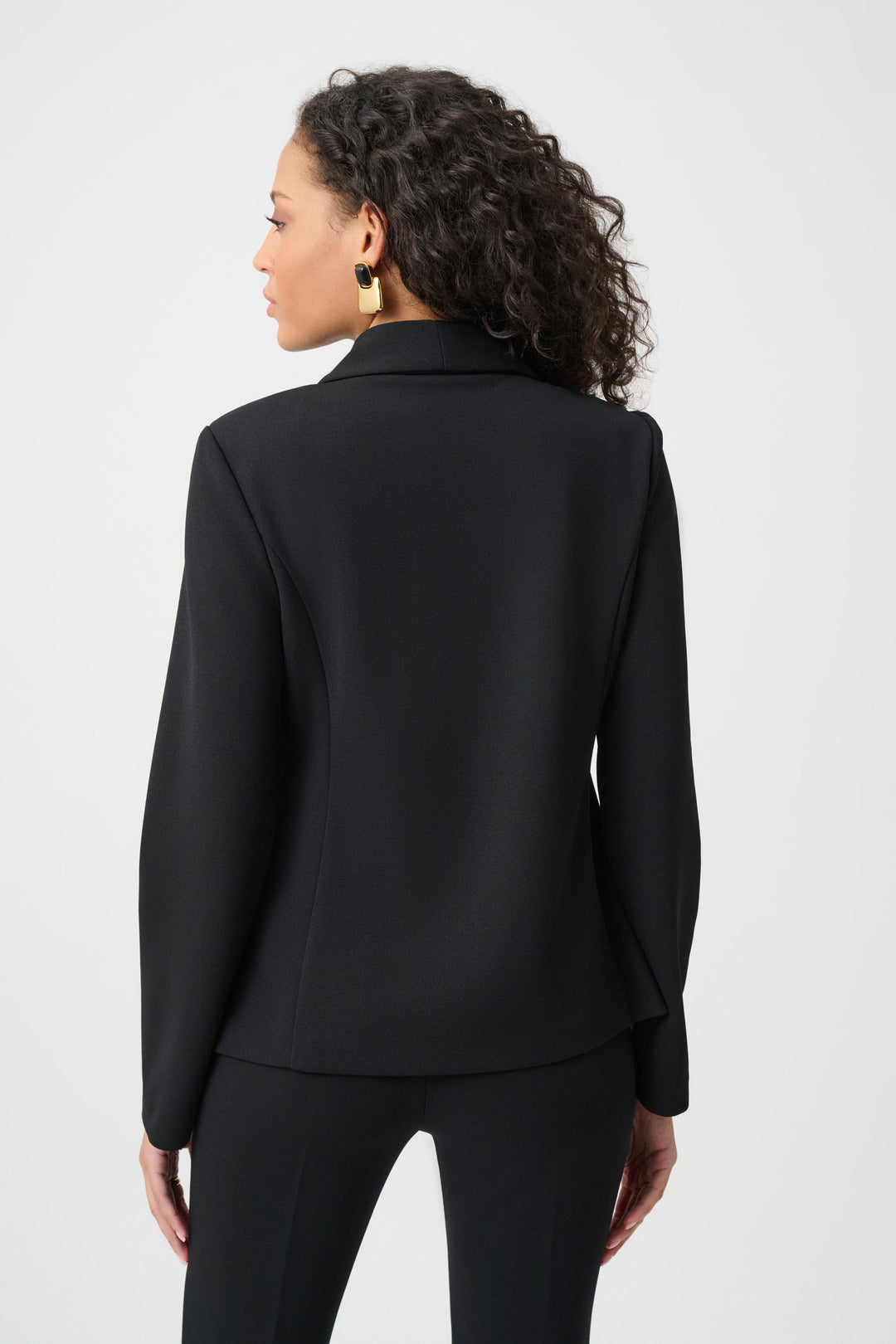 Joseph Ribkoff black scuba crepe fitted blazer shown from the back on a model