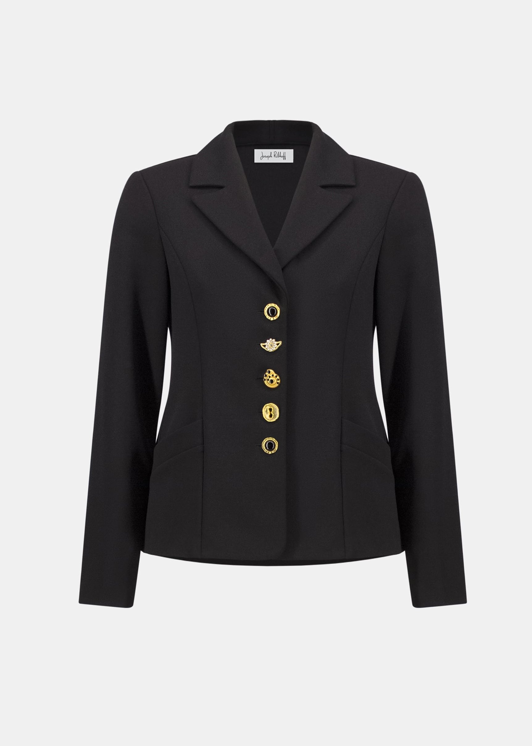 Black fitted blazer with gold button front, notch lapels, long sleeves, flap pockets