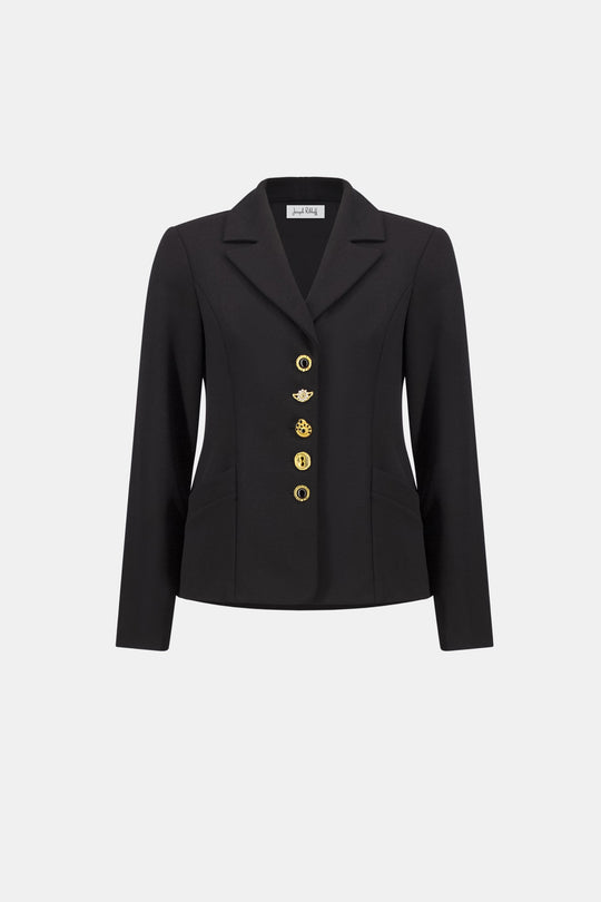 Joseph Ribkoff black scuba crepe fitted blazer with decorative gold statement buttons