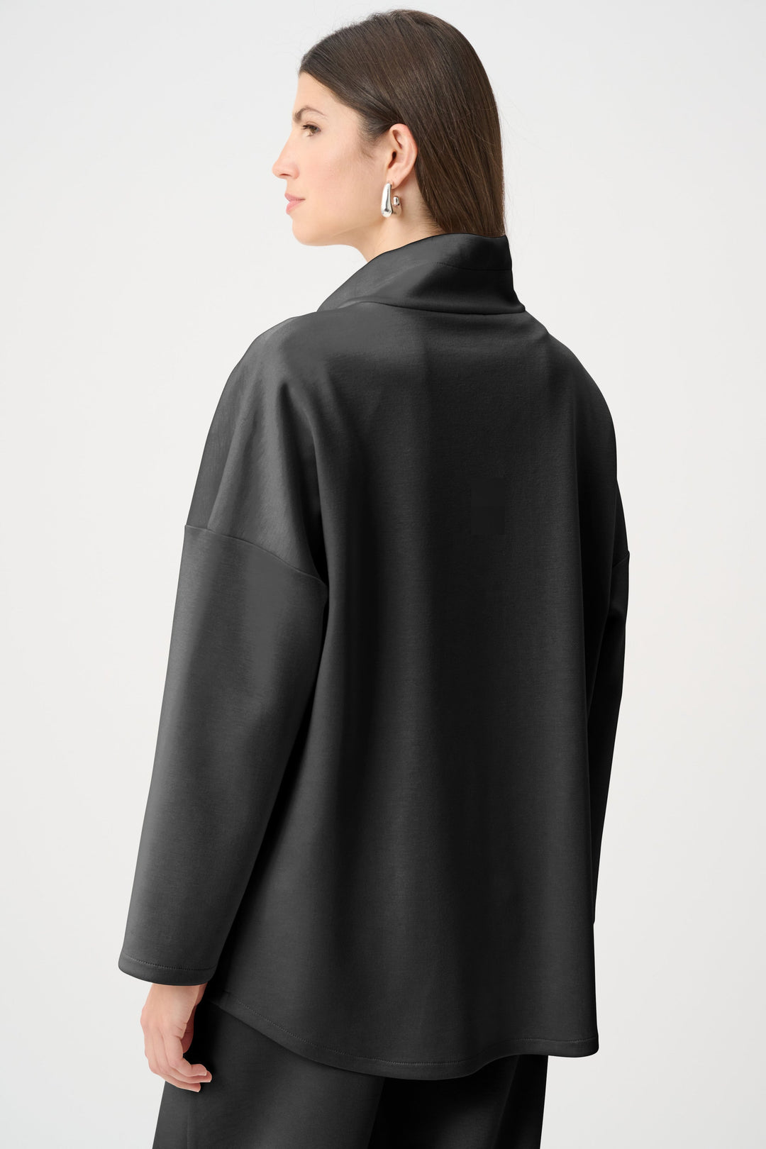 Black scuba jersey jacket back view with draped funnel neck and long sleeves