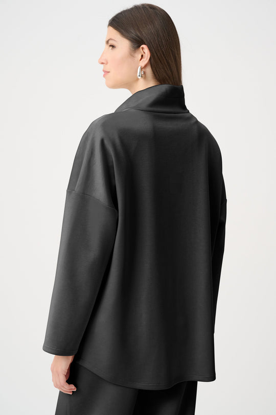 Black scuba jersey jacket back view with draped funnel neck and long sleeves