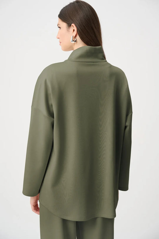 Avocado green boxy funnel-neck jacket with 3/4 sleeves and full back coverage.