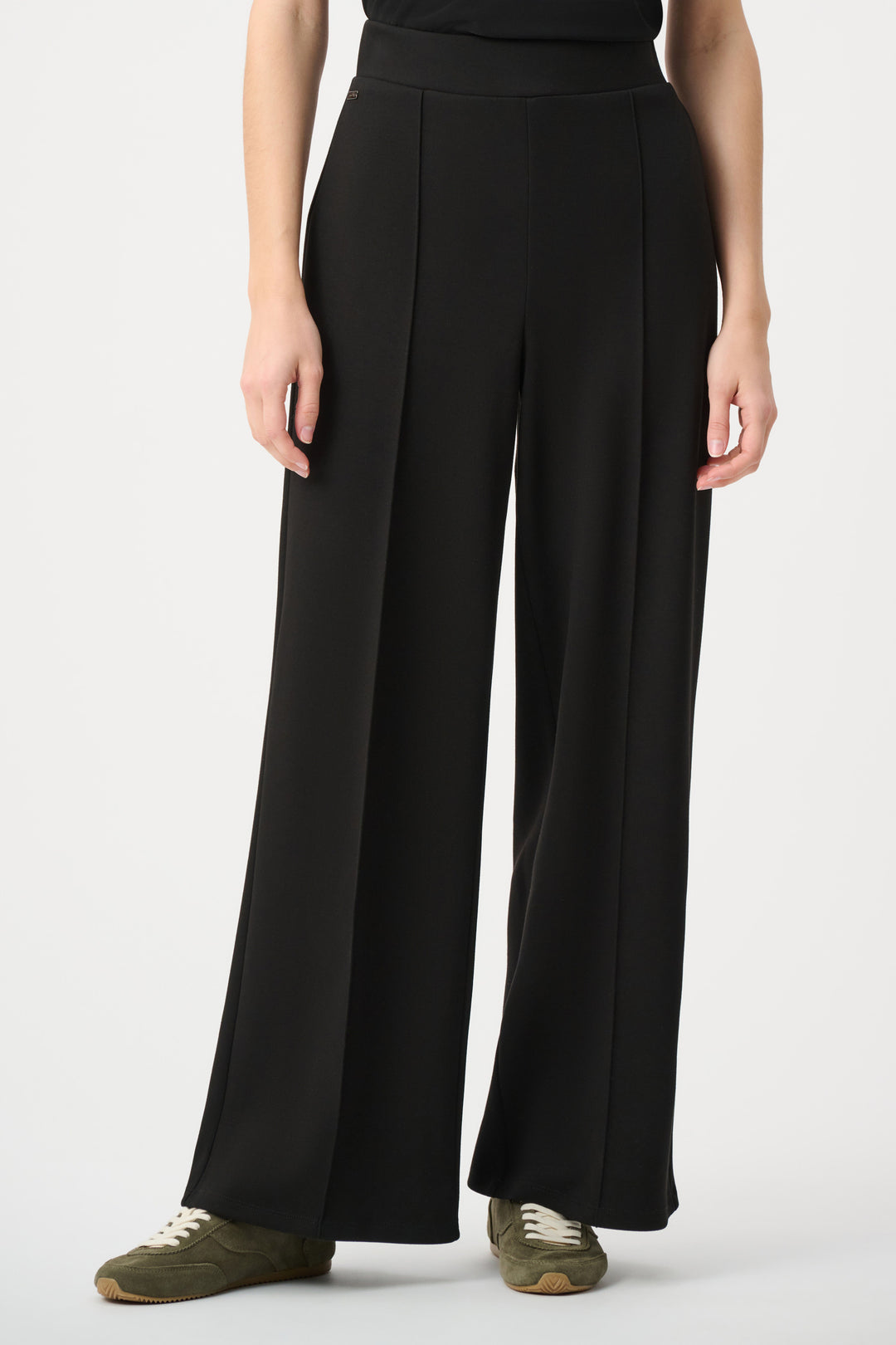 Black wide-leg pull-on pants with relaxed straight fall, smooth scuba jersey