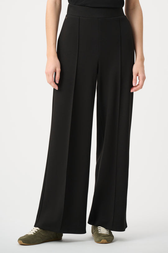 Black wide-leg pull-on pants with relaxed straight fall, smooth scuba jersey