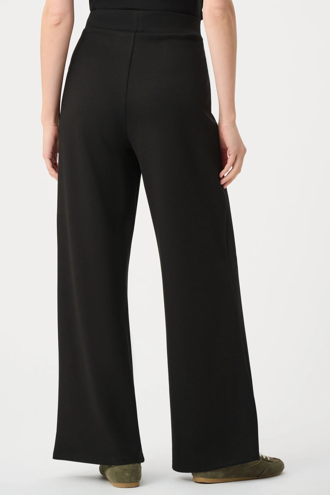 Black wide-leg pull-on pants, smooth scuba jersey front, full length