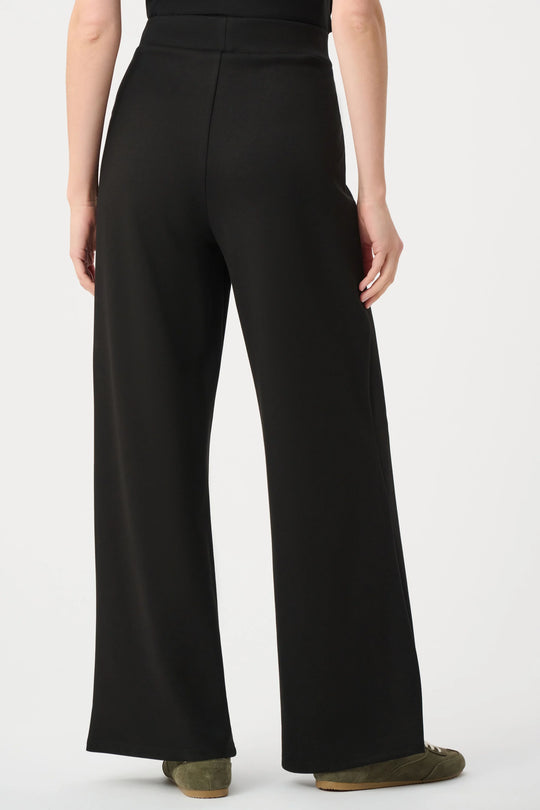 Black wide-leg pull-on pants, smooth scuba jersey front, full length