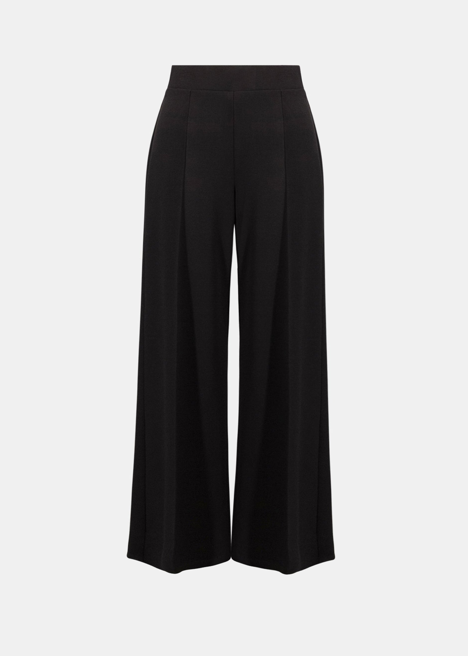 Black scuba jersey wide-leg pull-on pants, front view, high waist creases