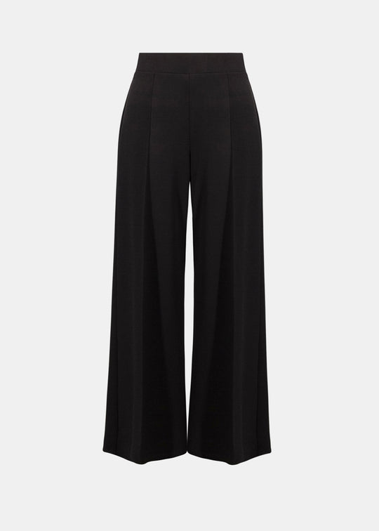 Black scuba jersey wide-leg pull-on pants, front view, high waist creases