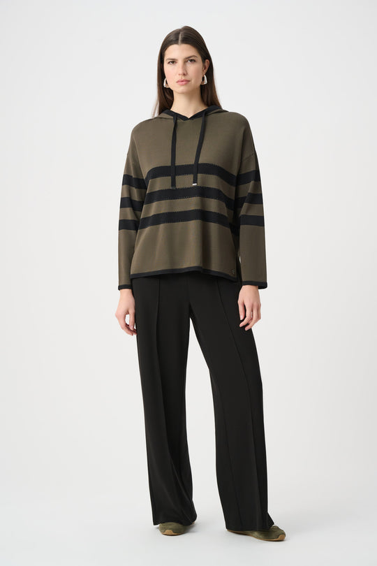 Striped hooded sweater with drawstring, avocado with dark bands on long sleeves