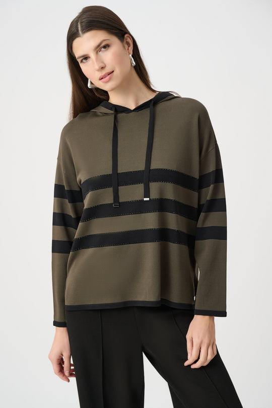 Striped hooded sweater with drawstring and long sleeves, avocado with dark horizontal bands