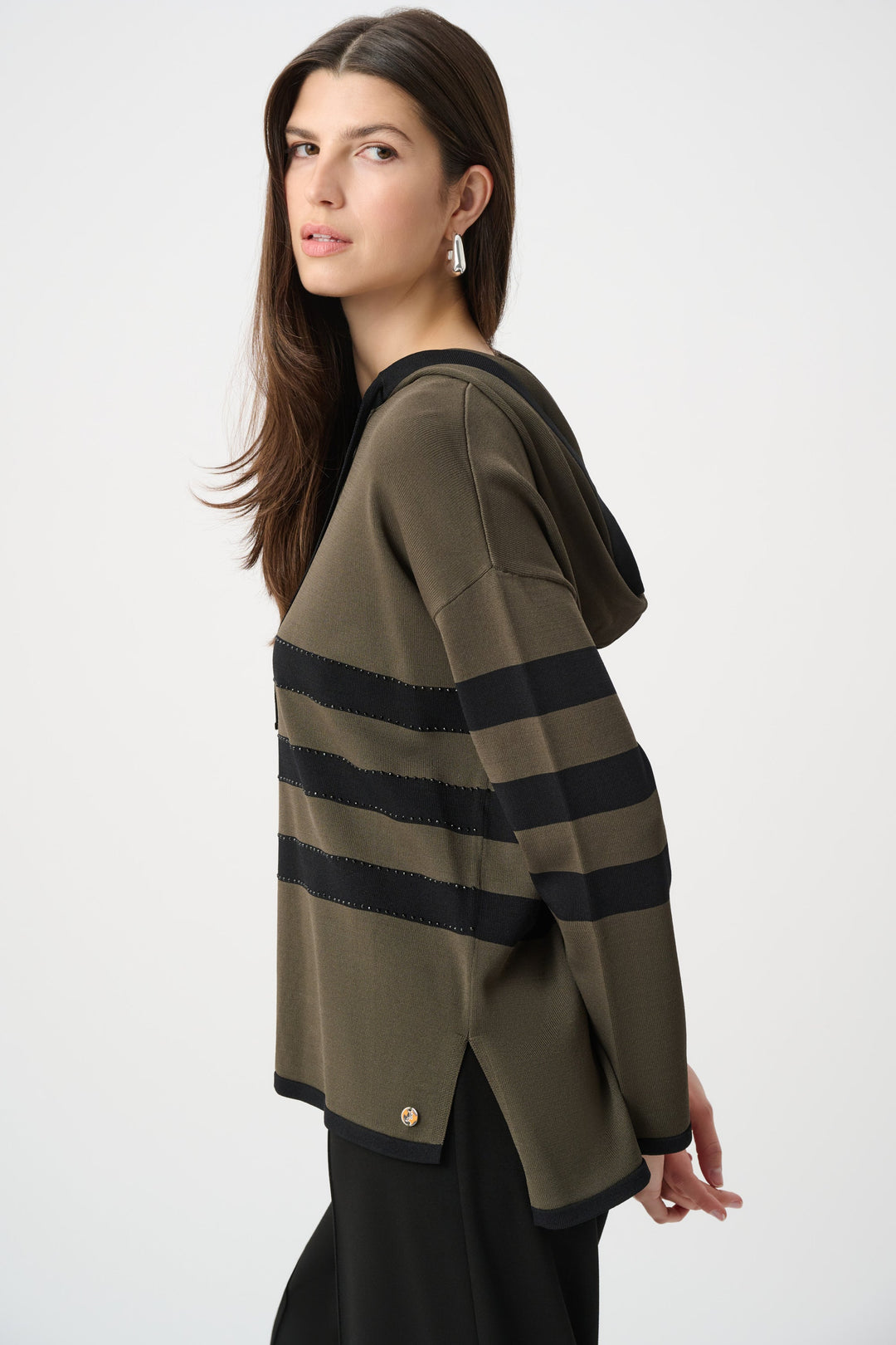 Striped hooded sweater with drawstring, side view in avocado with dark banded stripes