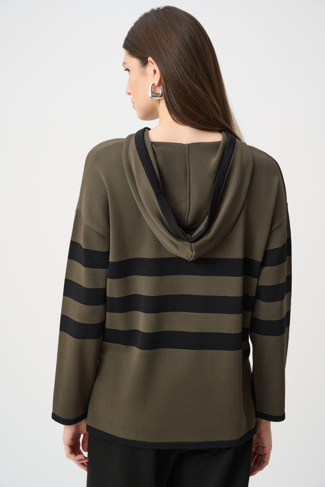 Striped hooded sweater with drawstring, back view in avocado with dark horizontal bands