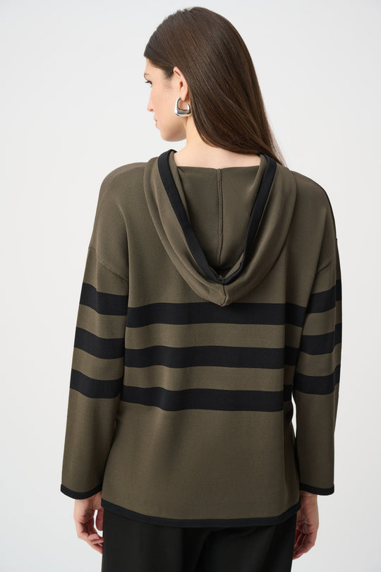 Striped hooded sweater with drawstring, back view in avocado with dark horizontal bands