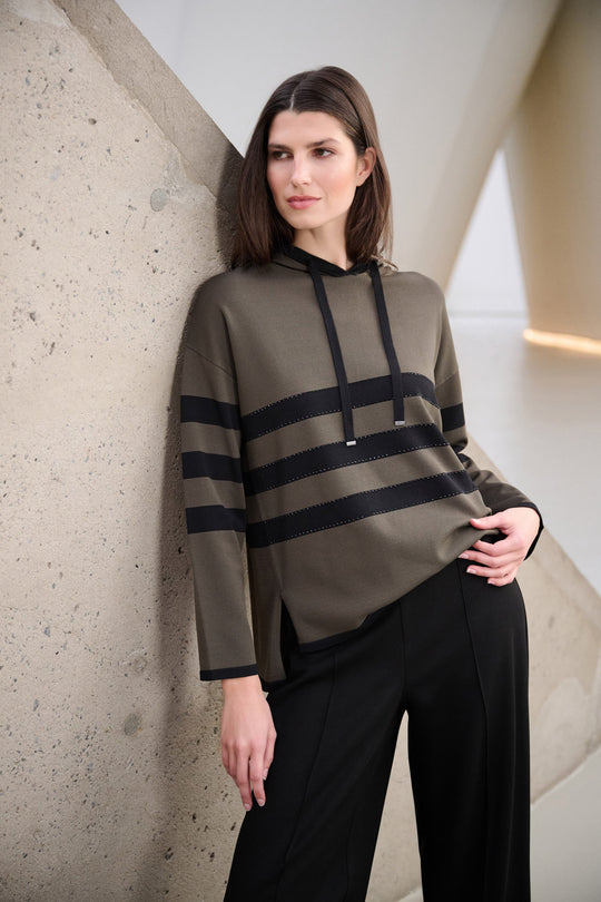 Striped hooded sweater with drawstring, avocado with dark bands and front pocket
