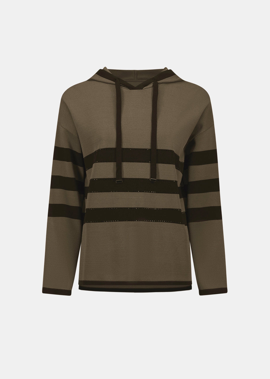 Joseph Ribkoff striped hooded sweater with drawstring, olive and dark bands