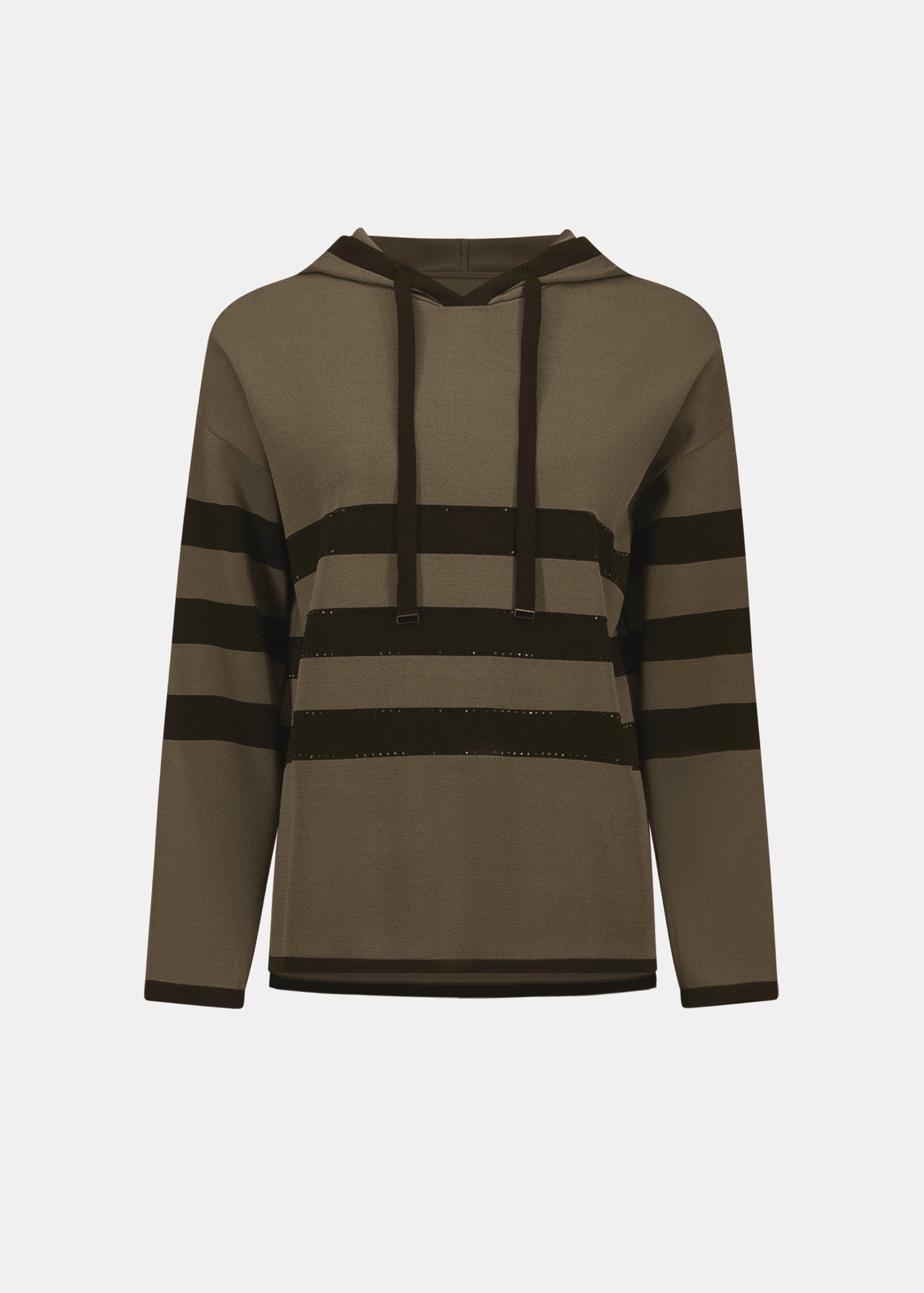 Joseph Ribkoff striped hooded sweater with drawstring, olive and dark bands