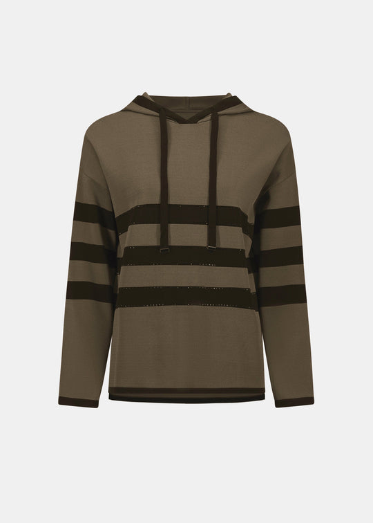 Joseph Ribkoff striped hooded sweater with drawstring, olive and dark bands
