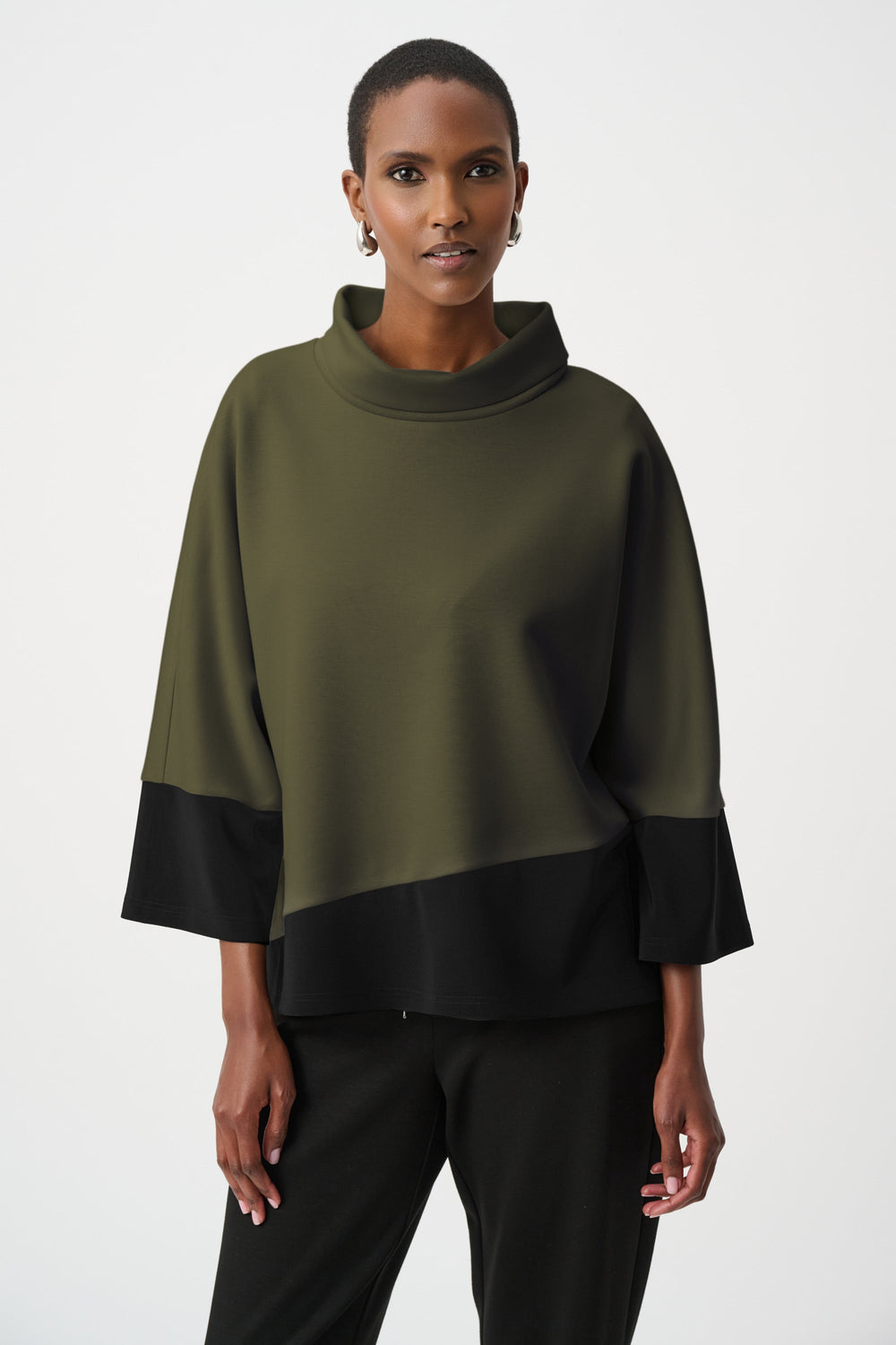 Joseph Ribkoff scuba jersey trapeze top in avocado green and black, cowl neck, 3/4 sleeves