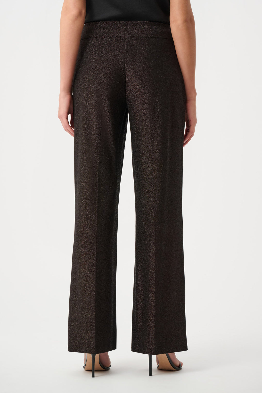 Wide leg dress pants with sparkle knit texture, back view on model