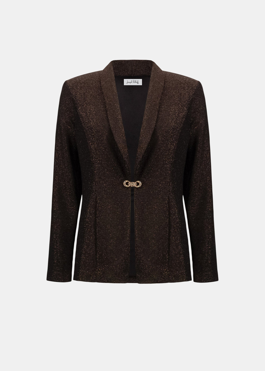 Brown blazer with a gold button on a white background