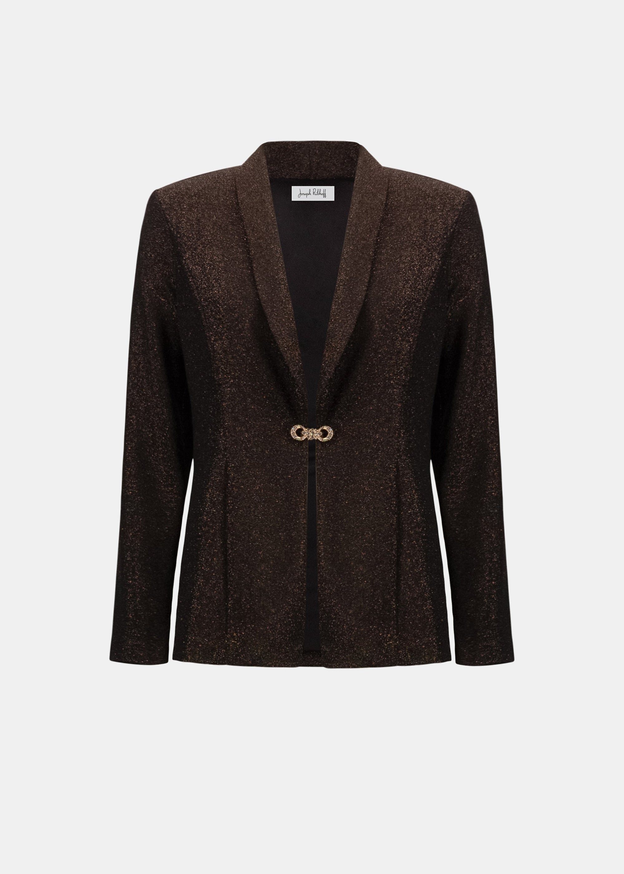 Brown blazer with a gold button on a white background