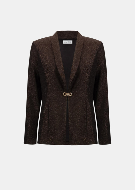 Brown blazer with a gold button on a white background