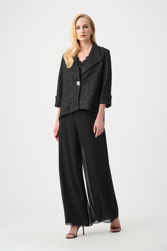 Black textured jacquard trapeze jacket with single button closure and wide leg pants