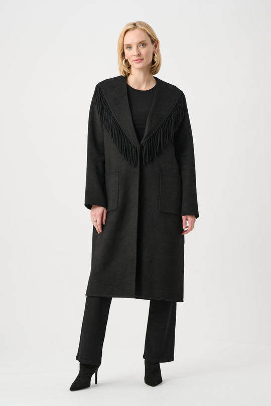 Black wool-blend coat with shawl collar fringe and front pockets