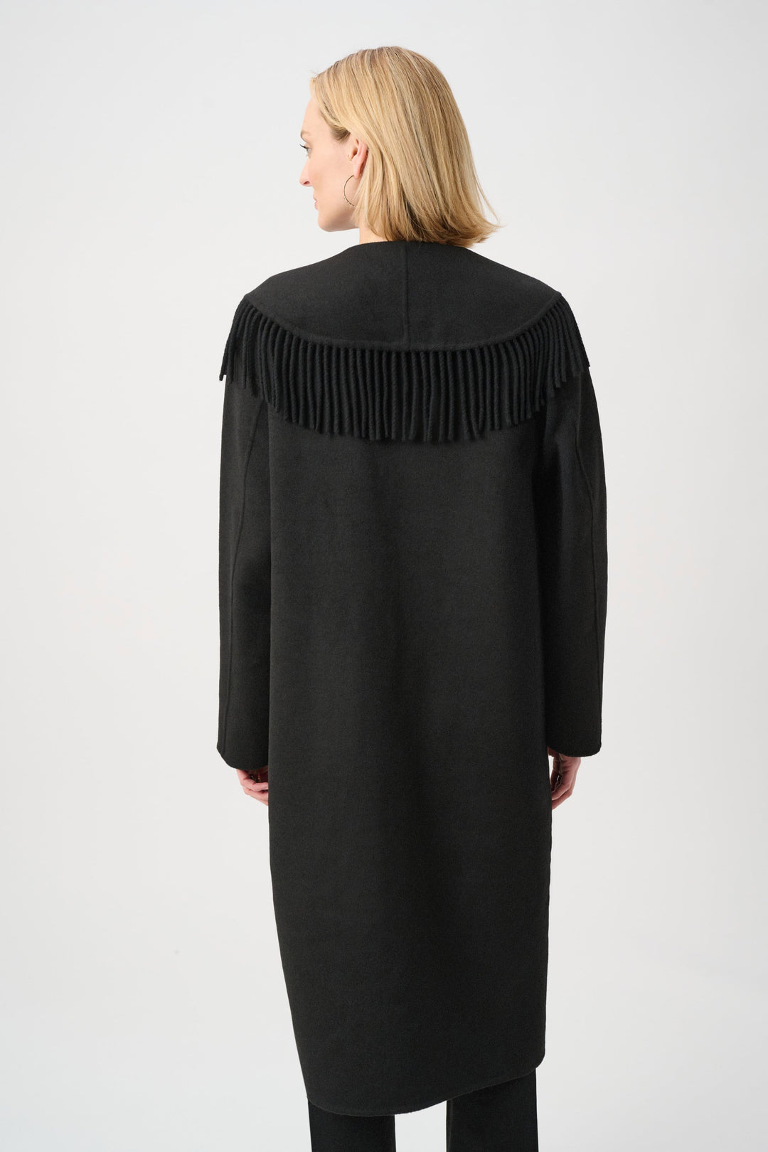 Black wool-blend coat with shawl collar fringe on the back yoke
