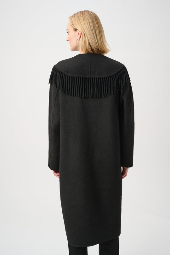 Black wool-blend coat with shawl collar fringe on the back yoke