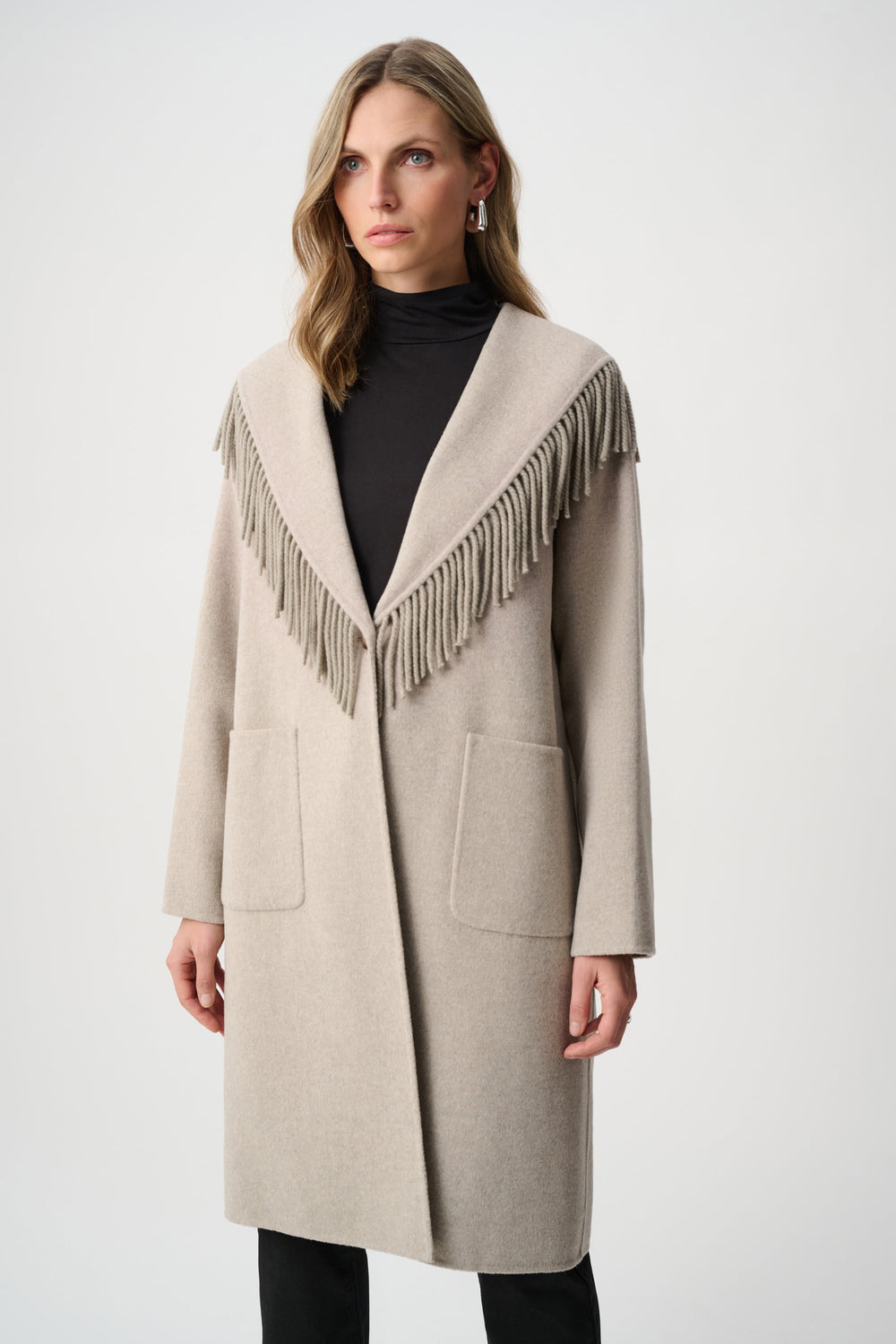 Oatmeal wool-blend coat with shawl collar fringe and front pockets