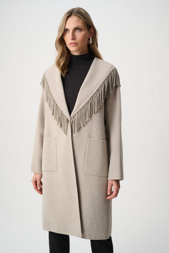 Oatmeal wool-blend coat with shawl collar fringe and front pockets