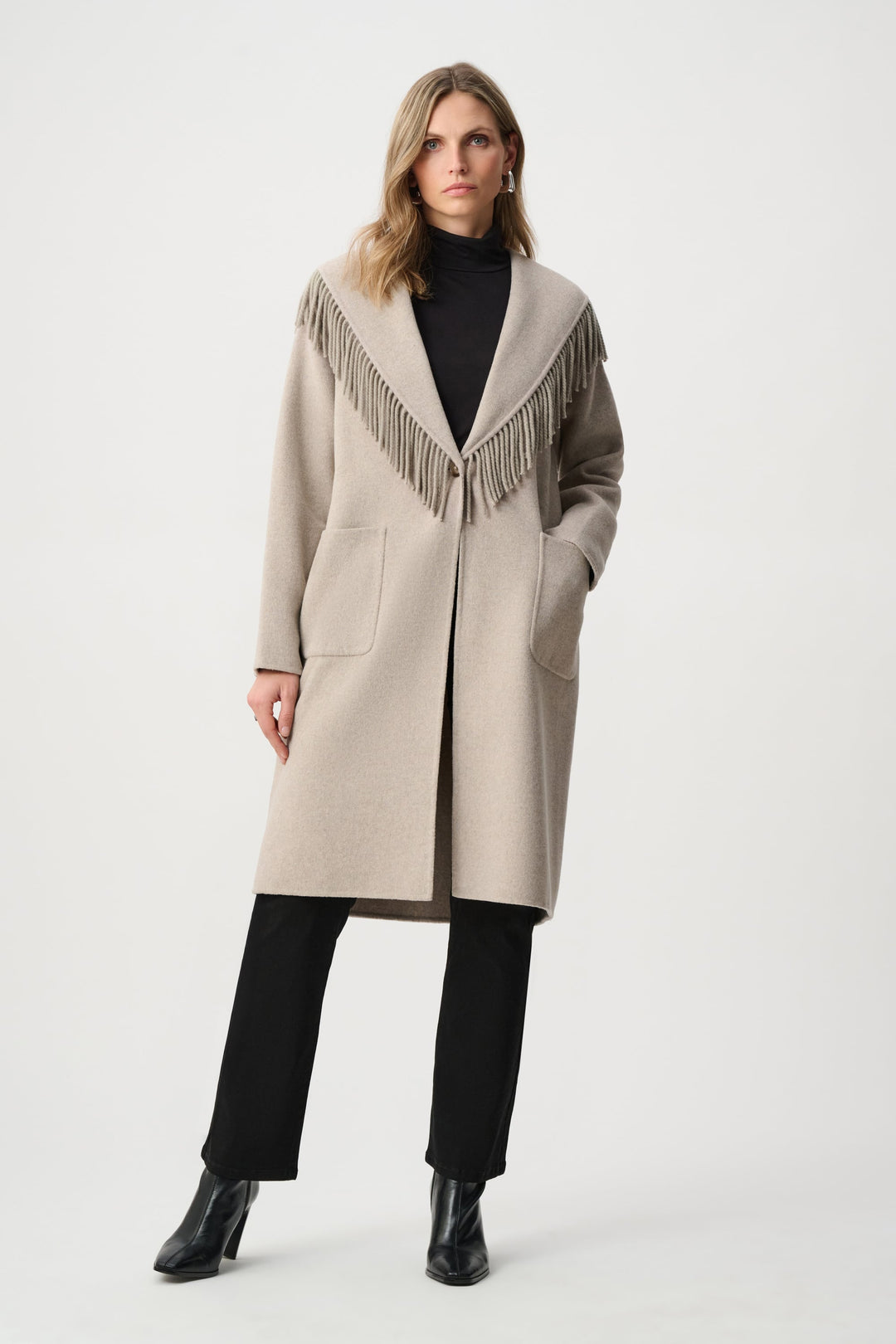 Oatmeal mid-length coat with shawl collar fringe, open front, and side pockets