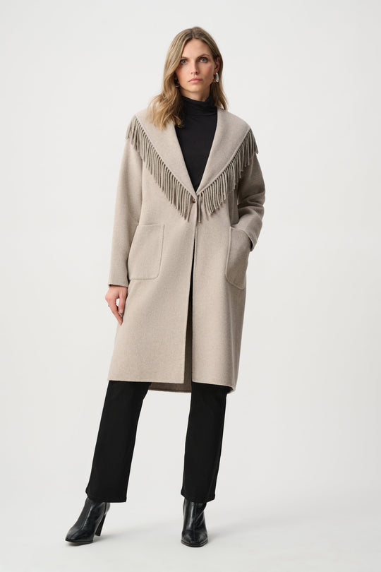 Oatmeal mid-length coat with shawl collar fringe, open front, and side pockets