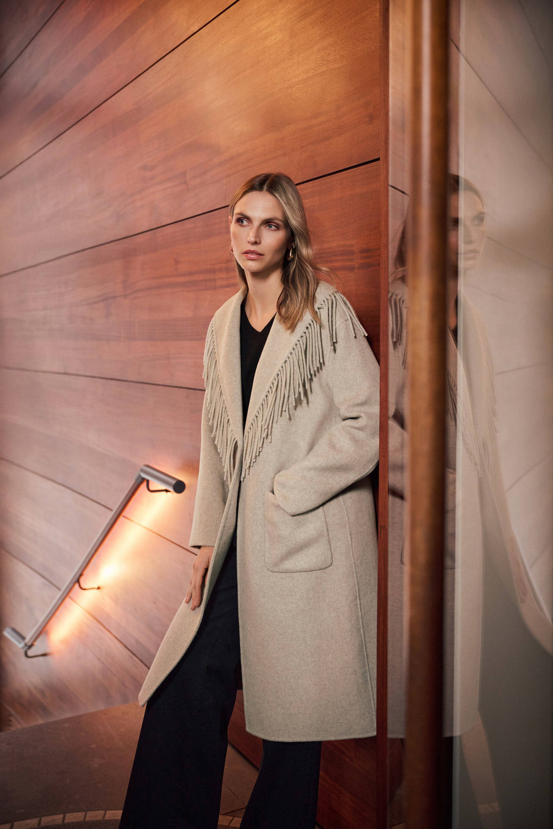 Oatmeal wool-blend coat with shawl collar fringe and front patch pockets
