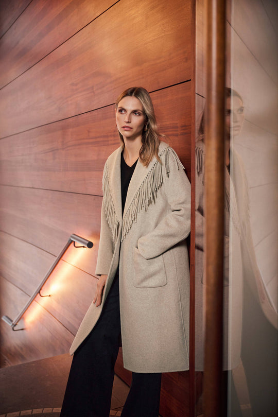 Oatmeal wool-blend coat with shawl collar fringe and front patch pockets