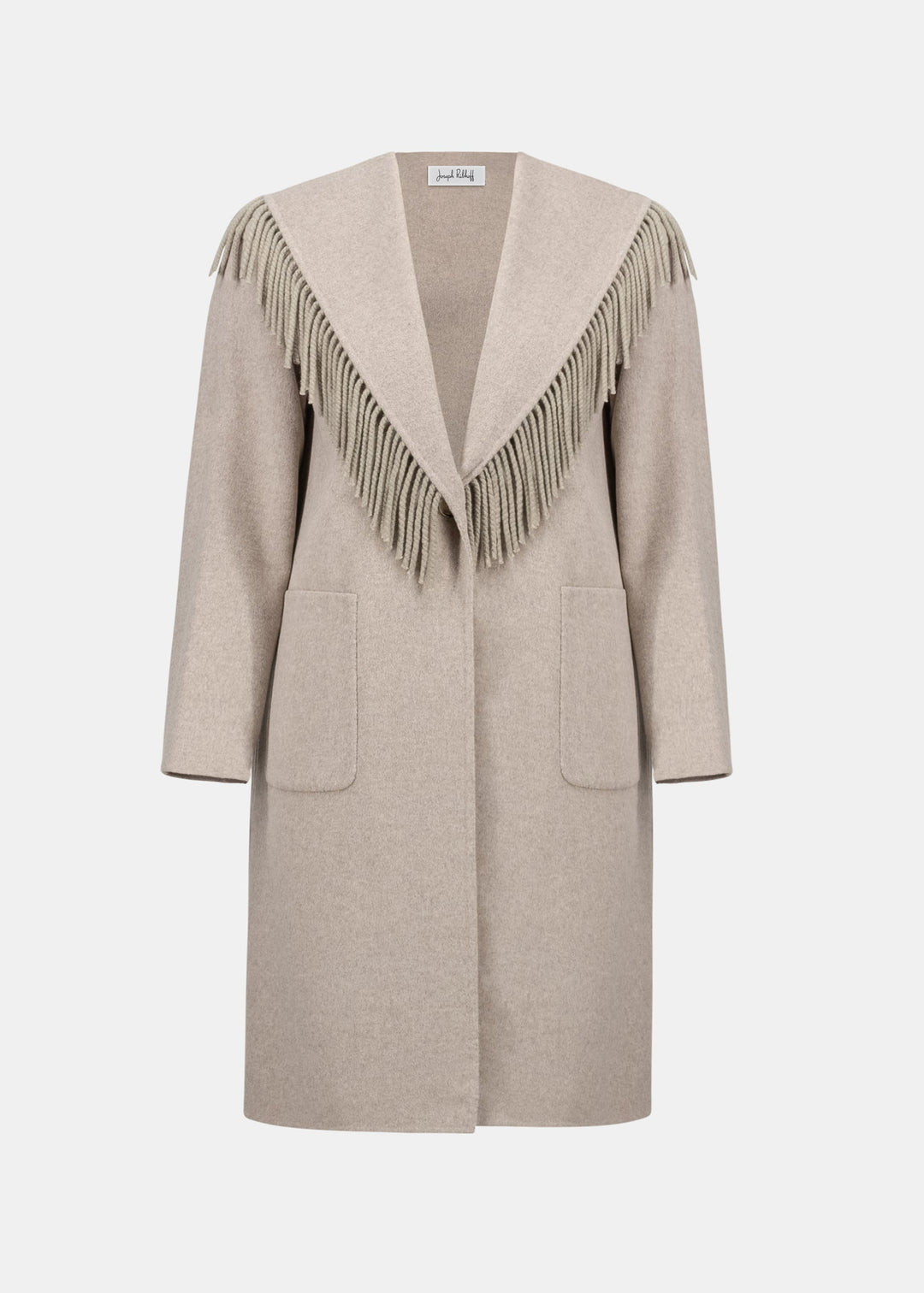 Oatmeal wool-blend coat on hanger, shawl collar fringe and two front pockets