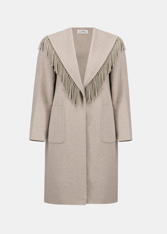 Oatmeal wool-blend coat on hanger, shawl collar fringe and two front pockets