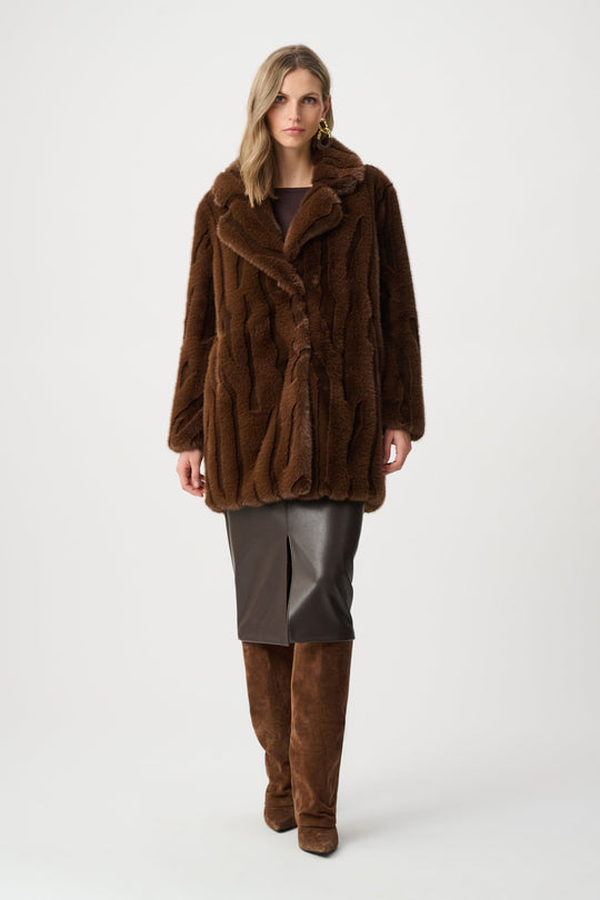 Brown faux fur notch lapel coat, full length view with voluminous front