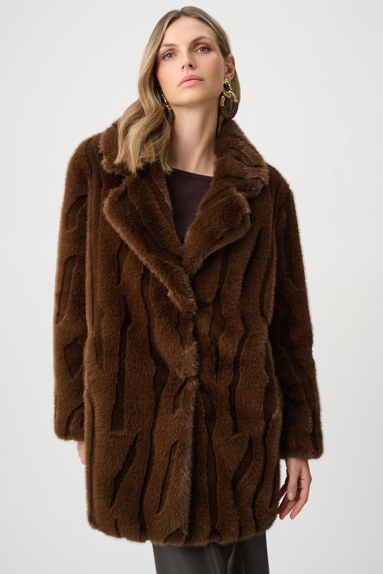 Brown faux fur notch lapel coat with wide collar and relaxed, straight silhouette