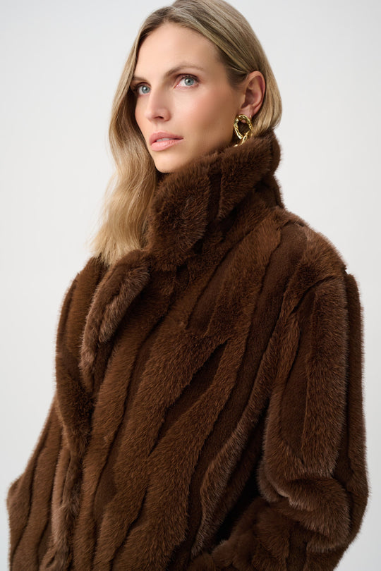 Brown faux fur notch lapel coat detail with plush collar and close drape