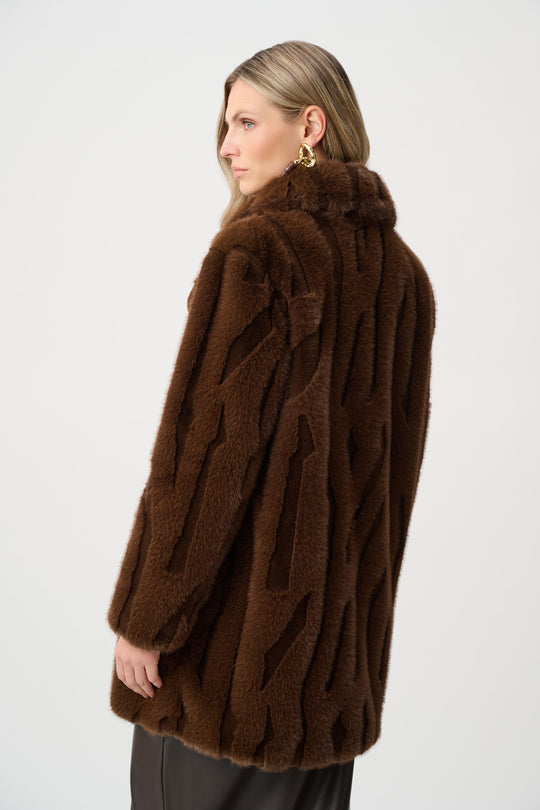 Brown faux fur coat with notch lapel, side profile, and textured vertical pattern