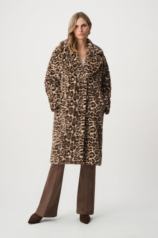 Leopard print faux fur coat with long sleeves, button front, and mid-length hem